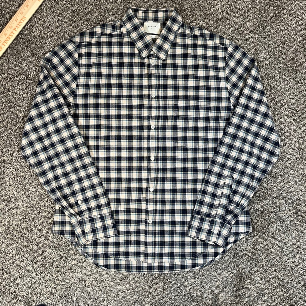 Billy Reid Mens Slim Fit Plaid Button Down Shirt Navy Blue Cream Cotton Large